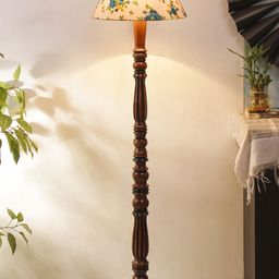 Devansh White & Brown Printed Cotton Conical Wooden Floor Lamp-35