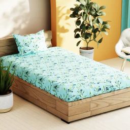 Bianca Sienna Skyblue Cotton Floral 144 TC Single Flat Bedsheet with 1 Pillow Cover-image-81