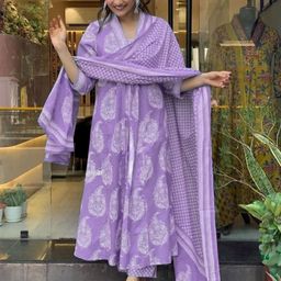 PARNAVI Floral Printed V-Neck Pure Cotton Pleated A-Line Kurta With Trousers & Dupatta-picture-50