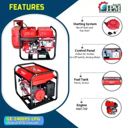 HPM Petrol and LPG 7.8 Amp Recoil & Self Start Portable Generator with In-Build Battery 2.1 kVA, GE-2400PS image 2