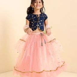Babyhug Short Sleeves Sequined Choli & Flared Lehenga Set With Dupatta - Peach Blue-image-97