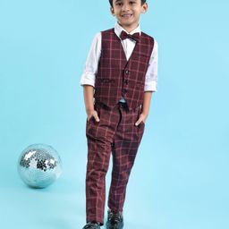 Robo Fry Cotton Lycra Full Sleeves Checkered Party Suits with Bow Tie - Maroon-image-42