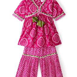 Teentaare Cotton Half Sleeves Kurta & Sharara Set Printed Design & Silver Ribbons Detailing - Pink-picture-11