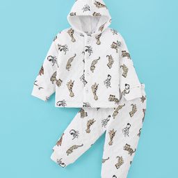 Doreme Knitted Full Sleeves Hooded Winter Wear Night Suit With Teddy Print - White-picture-33