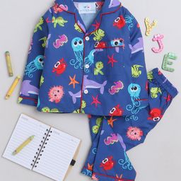Knitting Doodles Premium Cotton Full Sleeves Sea Animals Printed Coordinating Night Suit - Blue-image-71
