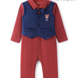 Babyoye 100% Cotton Knit With Eco- Jiva Finish Full Sleeves Solid Dyed  Romper with Attached Bow & Waist Coat Bear Print -  Multicolour-image-40