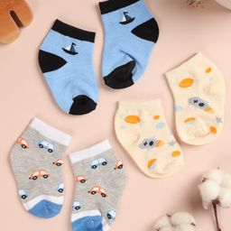 Kicks & Crawl Cotton Pack of 3 Space Theme & Vehicle Printed Flat Socks -  Blue-image-26