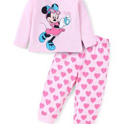 Babyhug Disney Cotton Knit Full Sleeves Night Suit With Minnie Mouse Graphics & Hearts Print - Light Pink-image-68