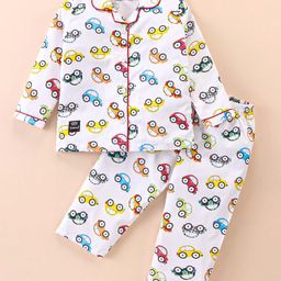 Enfance Core Cotton Woven Full Sleeves Car Printed Coordinating Night Suit Set - White-image-71