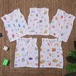 MumsLap 100% Organic Muslin Cotton Pack Of 5 Sleeveless Animals & Vehicles Printed Printed Jhablas - White-picture-25