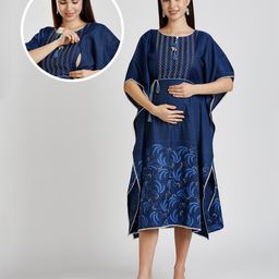 Dummy Shape Half Batwing Sleeves Floral Printed & Lace Embellished Maternity Kaftan Kurta With Nursing Access - Dark Blue-image-119