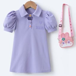 Mark & Mia Half Puffed Sleeves Collared Frock with Hand Bag & Text Print - Purple-image-18