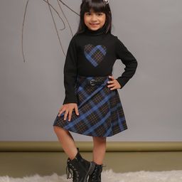 Budding Bees Cotton Full Sleeves Heart Patch Detailed High Neck Top & Skirt - Green-image-100