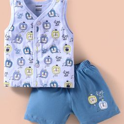 CUCUMBER Sinker Knit Sleeveless Shorts Night Suit with Lion Print - Light Blue-image-93