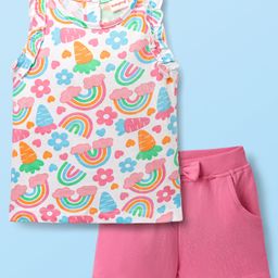 Babyhug Single Jersey Knit Sleeveless Top & Shorts Set With Floral & Rainbow Print - White & Pink-image-7