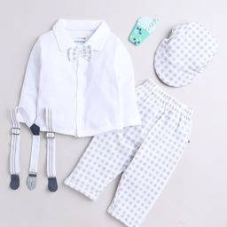 BUMZEE Interlock Knit Full Sleeves Shirt with Attached Bow & Pant Set With Suspender Cap with Checks - Grey & White-image-42