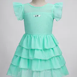 Enfance Cap Sleeves Brand Name Foil Printed Layered Knee Length Dress - Ferozi-picture-17