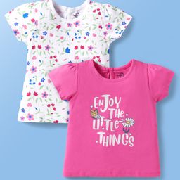 Doodle Poodle 100% Cotton Half Sleeves Floral & Text Printed Tops Pack of 2 - White & Pink-image-56