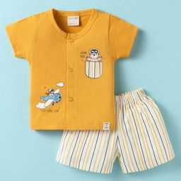 CUCUMBER Sinker Knit Half Sleeves Shorts Night Suit with Bear Print - Yellow-picture-10