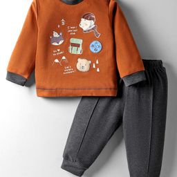 Zero Interlock Knit Full Sleeves T-Shirt & Lounge Pant Set with Animal Print & Patch Detailing - Charcoal Grey & Rust Orange-picture-18