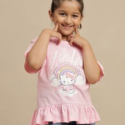 Kidsville Cotton Knit Hello Kitty Featuring Half Sleeves Character Printed Top - Pink-picture-37