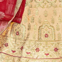 MANVAA Peach-Coloured & Red Embroidered Thread Work Semi-Stitched Lehenga & Unstitched Blouse With Dupatta image 2