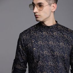 Manyavar Men Navy Blue & Beige Floral Printed Floral Short Kurta-image-61