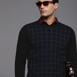 Raymond Men Black & Blue Checked Round Neck Long Sleeves Pullover-image-37