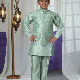 Pro-Ethic Style Developer Boys Green Sequence Full Sleeves Self Design Kurta Sets-image-37