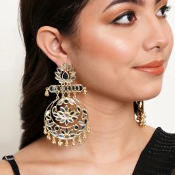 Karatcart Gold-Plated Floral Design Mirror Work Long Dangler Earrings for Women image 2
