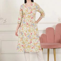 W White Cotton Printed Straight Kurta-image-93
