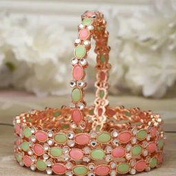 Zeneme Rose Gold Plated Pink & Green CZ Studded Bangles for Women Set of 4-15