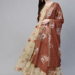 Women Beige & Red Floral Printed Anarkali Kurta with Dupatta-image-1