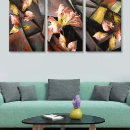 999Store Grey & Gold Bougainvillea Flower Art 3 Frame Canvas Paintings-13
