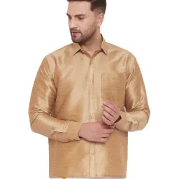 VASTRAMAY Beige Straight Fit Self Pattern Ethnic Shirt-image-41
