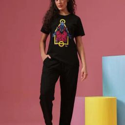 Clovia Black Cotton Regular Fit Printed Night Suit-picture-11