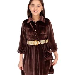Cutecumber Kids Brown Dress With Belt & Sling Bag-image-0