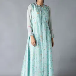 Wishful by W Blue Floral Print Flared Kurta With Jacket-picture-22