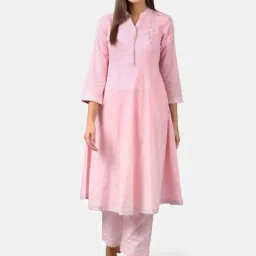 DART STUDIO Pink Cotton Embroidered A Line Kurta-10