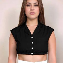Zink London Black Cotton Plain Crop Top-image-55