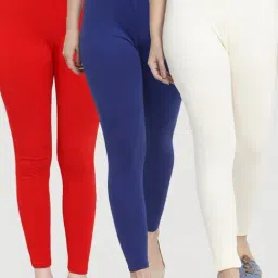 Gracit Red & Blue Mid Rise Leggings - Pack Of 3-image-15
