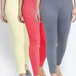 Gracit Grey & Peach Mid Rise Leggings - Pack Of 3-image-92