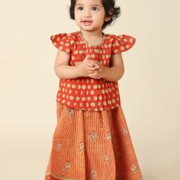 Fabindia Kids Rust & Yellow Floral Print Lehenga with Choli-image-55