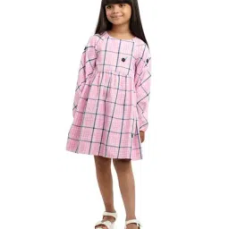 Under Fourteen Only Kids Pink Cotton Chequered Full Sleeves Dress-image-61