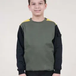 Kiddopanti Boys Military Green & Black Color Block Full Sleeves Sweatshirts Hoodies-picture-47