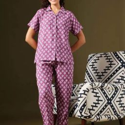 Clovia Purple Regular Fit Floral Print Night Suit-image-44