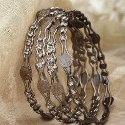 Zeneme Silver Plated Oxidised Gunmetal Toned CZ Bangles for Women Set of 4-44