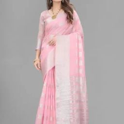 APNISHA Pink & Silver Cotton Woven Saree With Unstitched Blouse-image-27