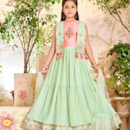 Aarika Girls Green & Light Pink Embroidered Lehenga, Choli, Jacket, Dupatta with Unstitched Sleeves-image-101