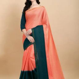 APNISHA Peach & Green Chequered Saree With Unstitched Blouse-image-1